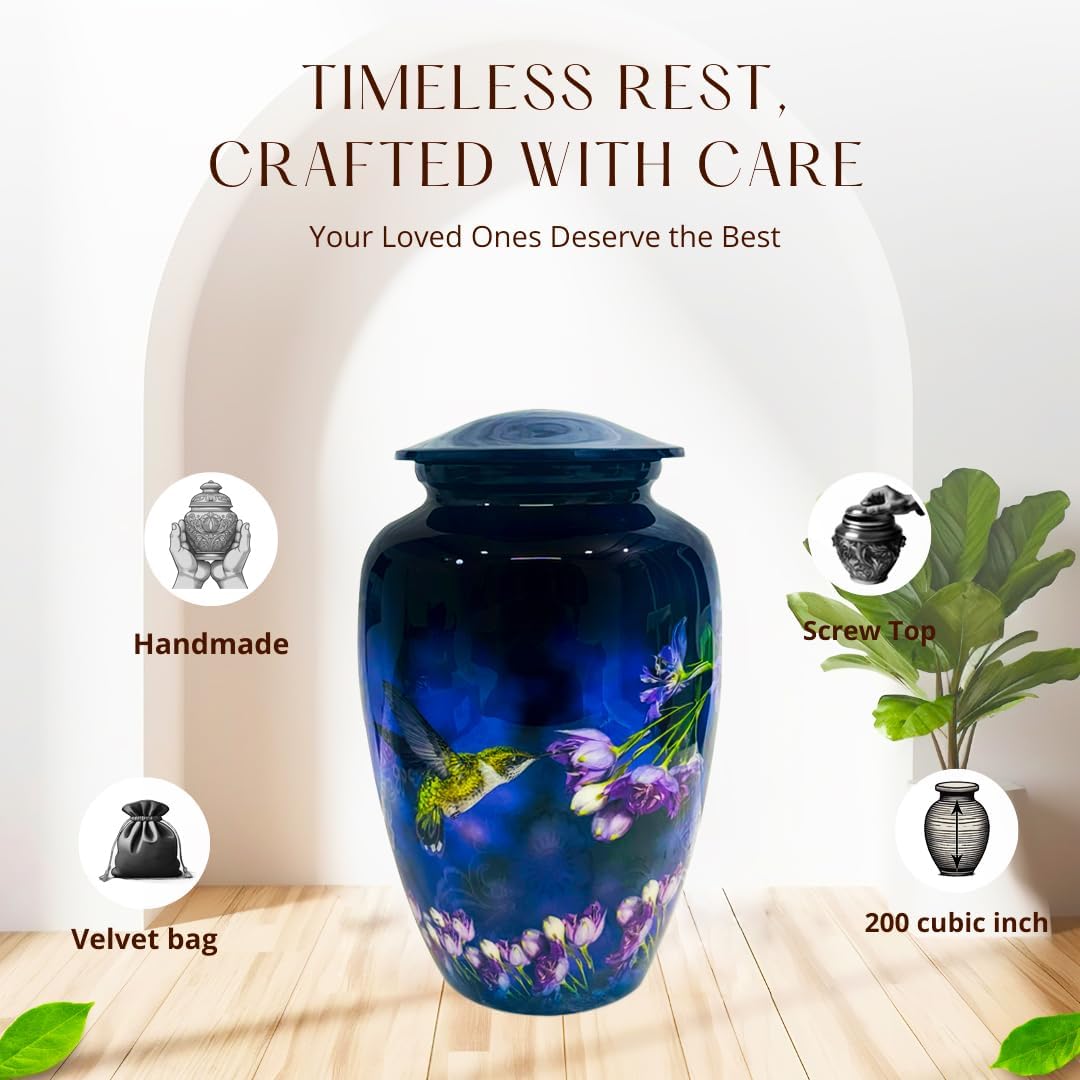 Beautiful Cremation Urns for Adult Human Ashes - Handcrafted Decorative Urn with Hummingbird Design - Blue - Large