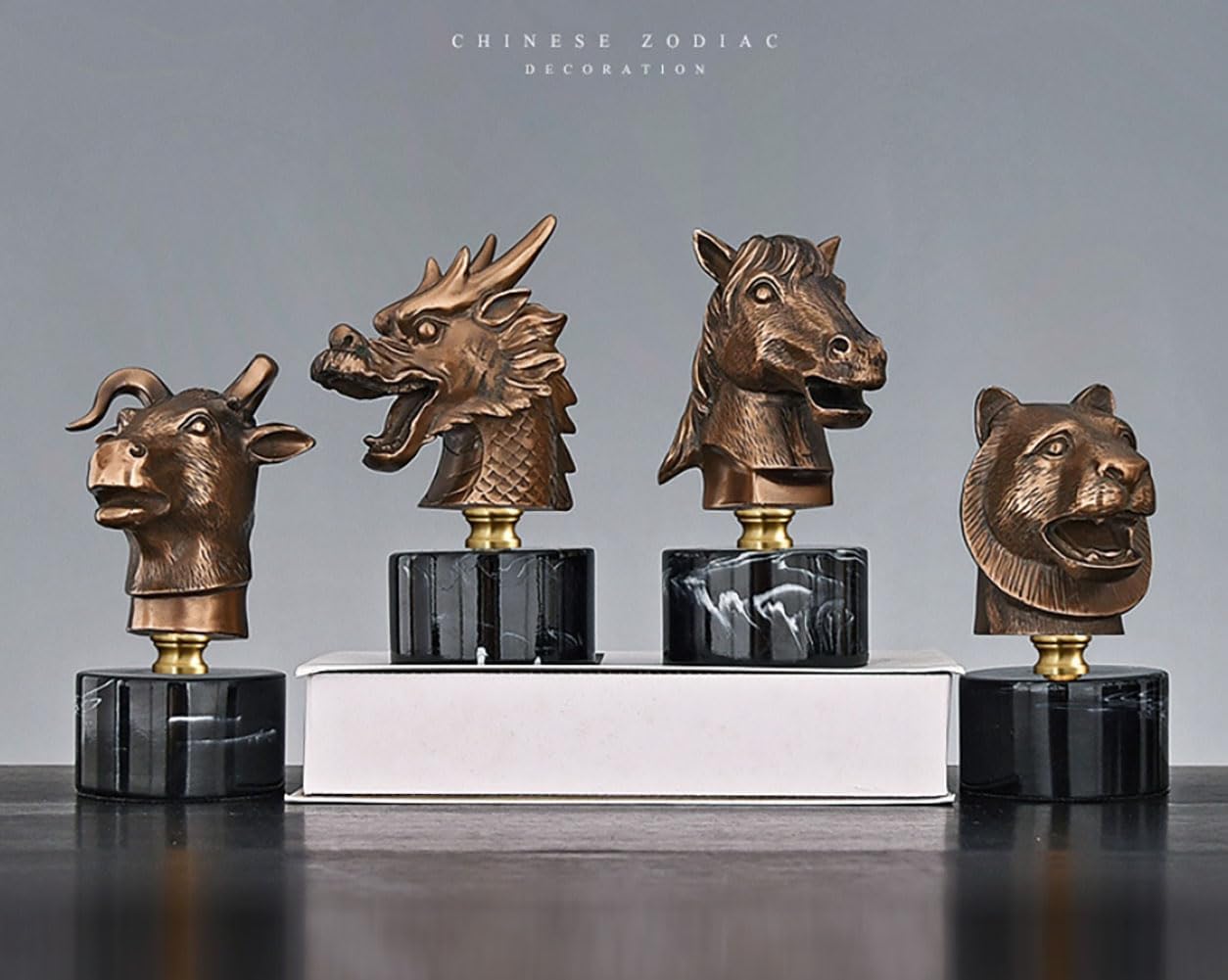 Chinese Zodiac Animal Head Sculptures with Bronze Finish and Marble Base