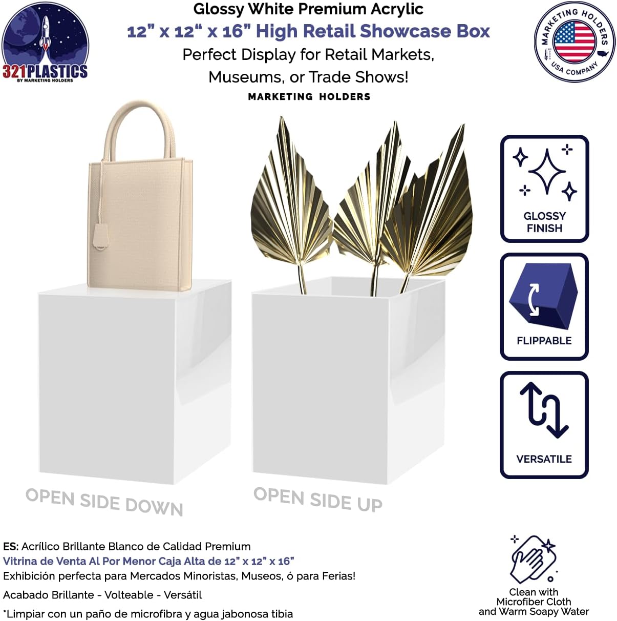 12x12x16 White Acrylic Display Box with Open Side No Lid