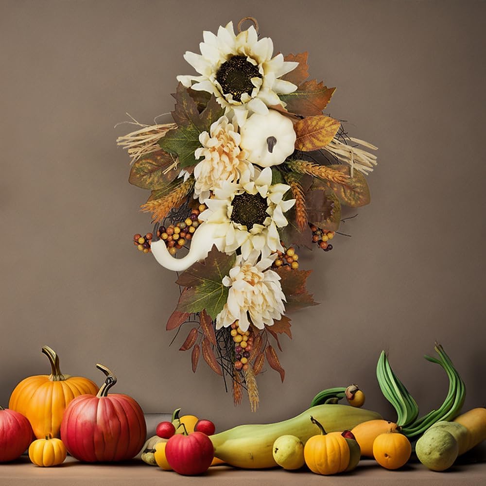 Artificial Fall Teardrop Swag Wreath for Front Door 1