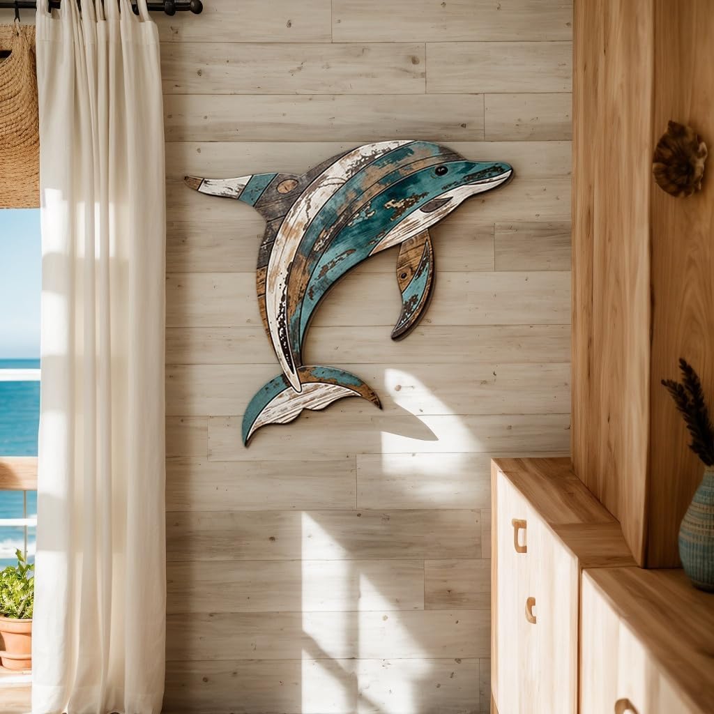 GENHAOTHREE Coastal Sea Turtle Dolphin Wall Art Set - Handcrafted Wooden Ocean Decor for Bathroom Pool Garden and Patio