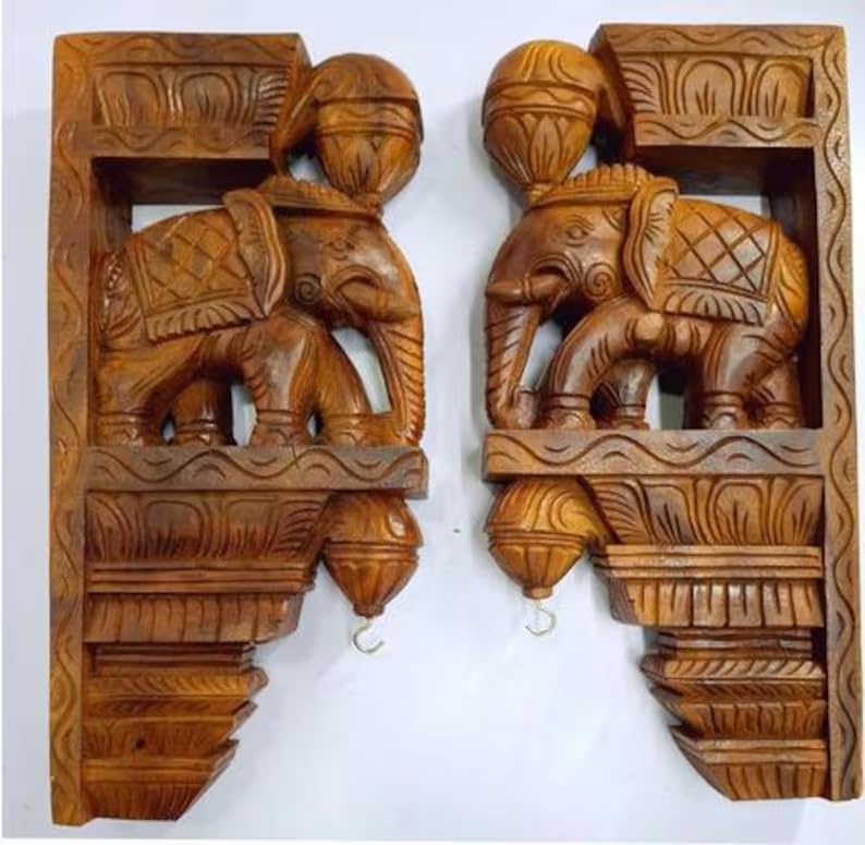 Wooden Elephant Wall Bracket Decor Pair