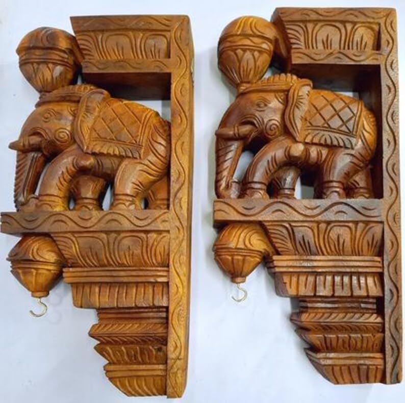 Wooden Elephant Wall Bracket Decor Pair