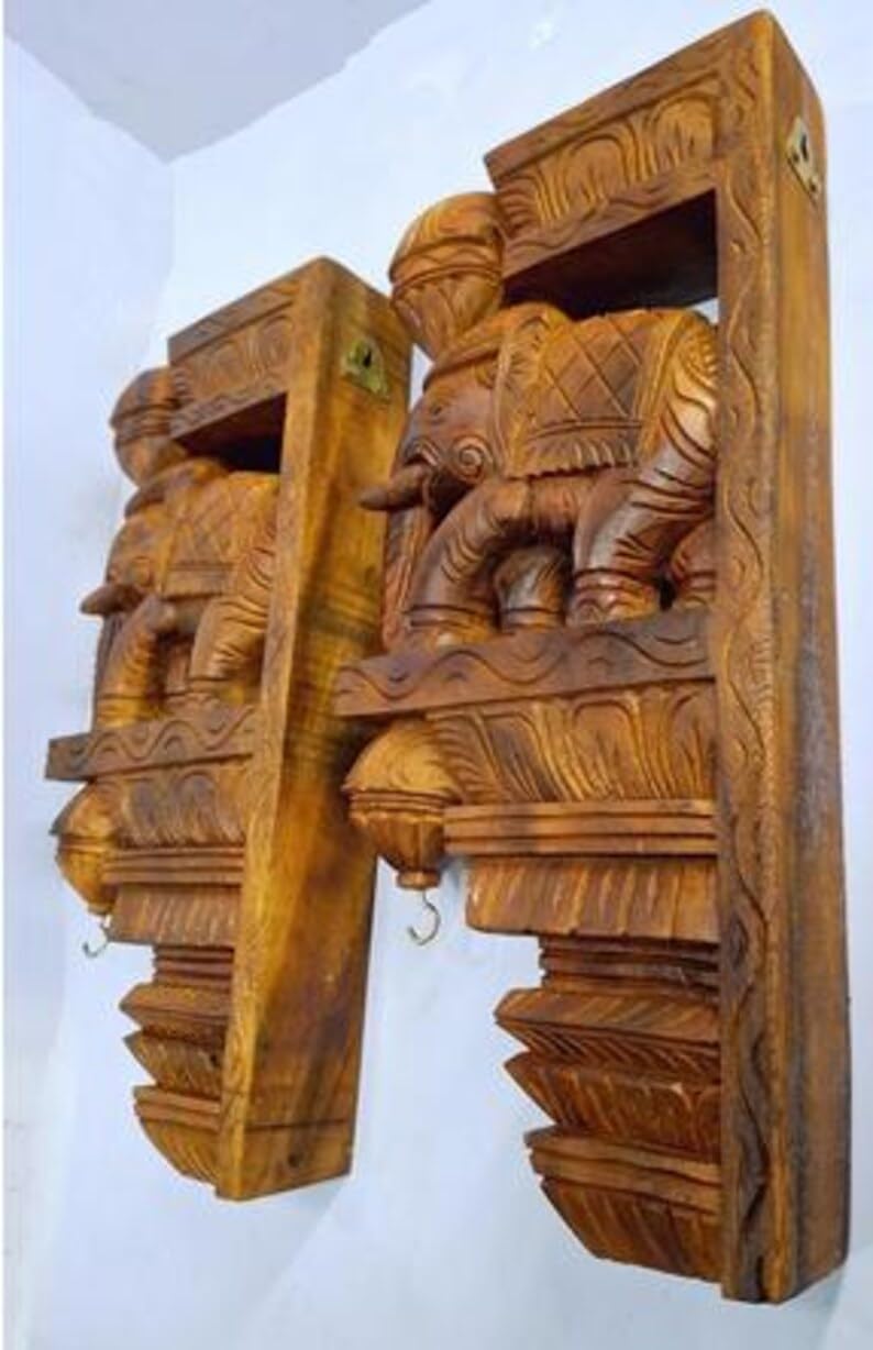 Wooden Elephant Wall Bracket Decor Pair