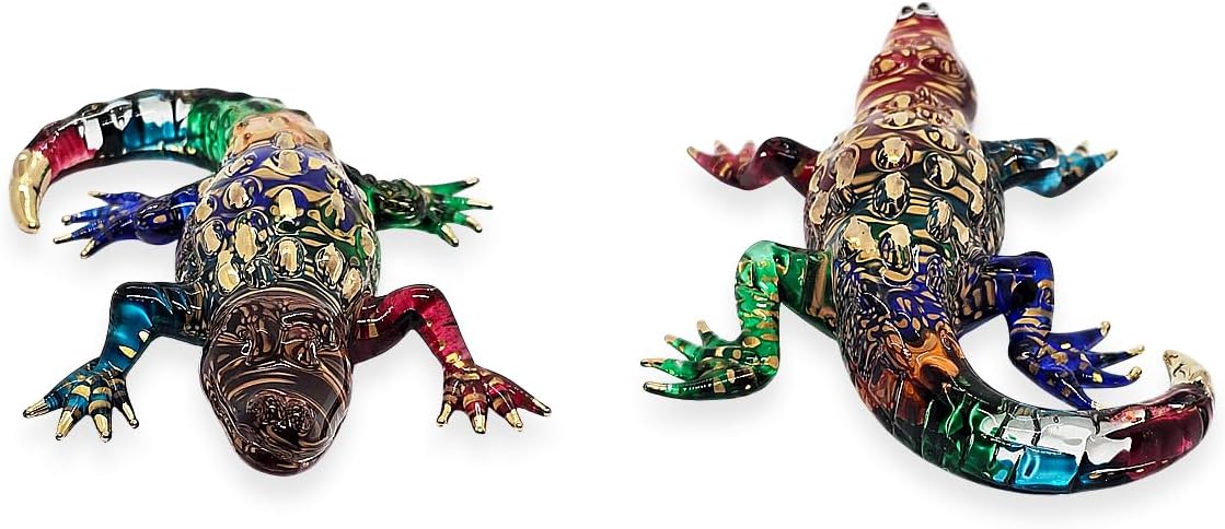 WitnyStore Rainbow Gold Crocodile Figurine - Miniature Hand Blown Glass Decor Collectible