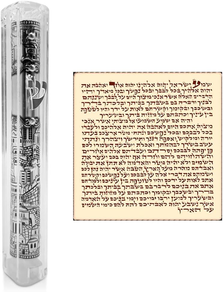 Jerusalem Clear Mezuzah Case with Scroll Silver Ornament