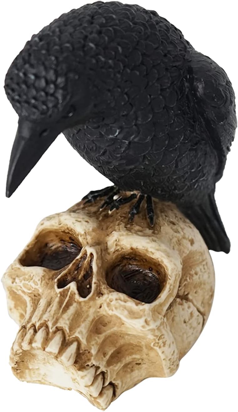 Eraspooky Sitting Crow on Skull Halloween Statue