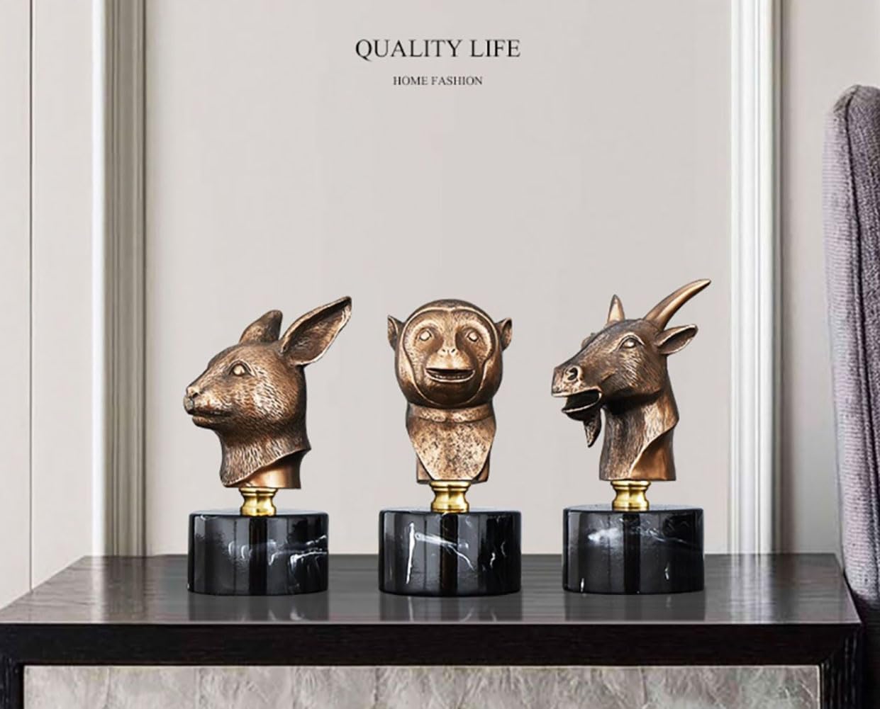 Chinese Zodiac Animal Head Sculptures with Bronze Finish and Marble Base
