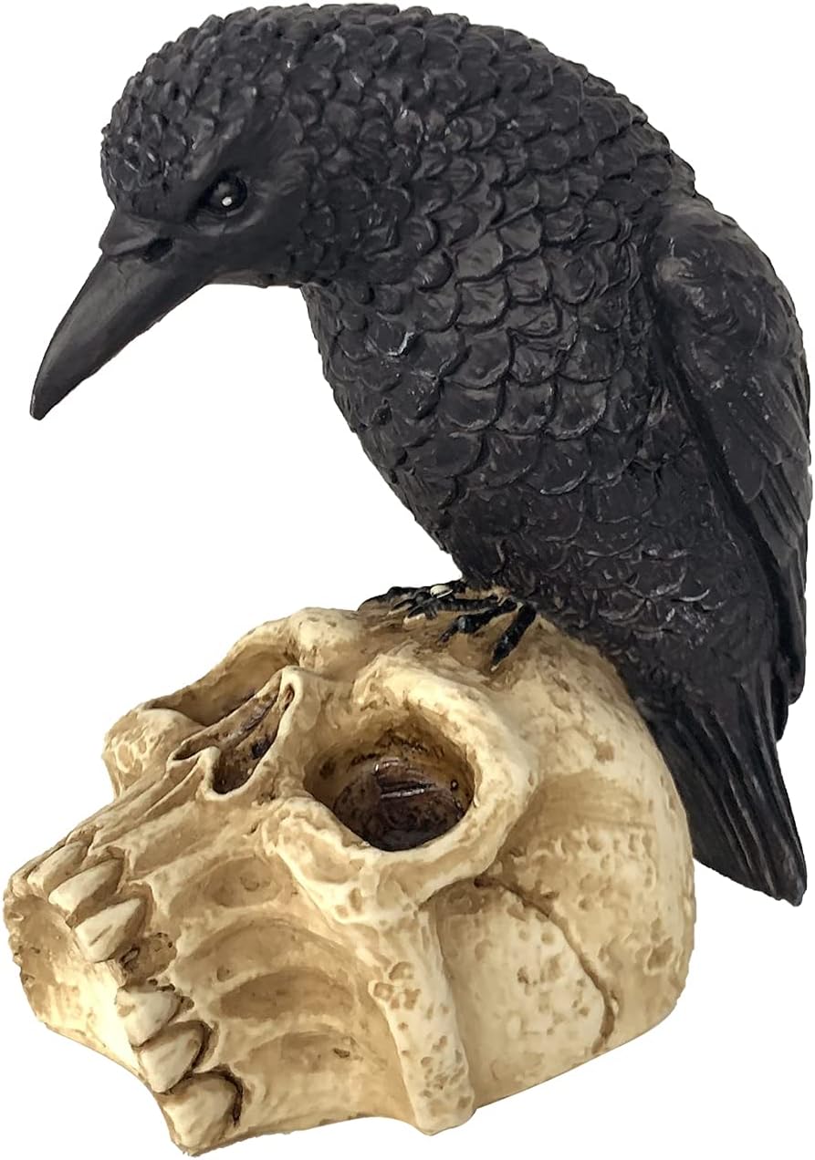 Eraspooky Sitting Crow on Skull Halloween Statue