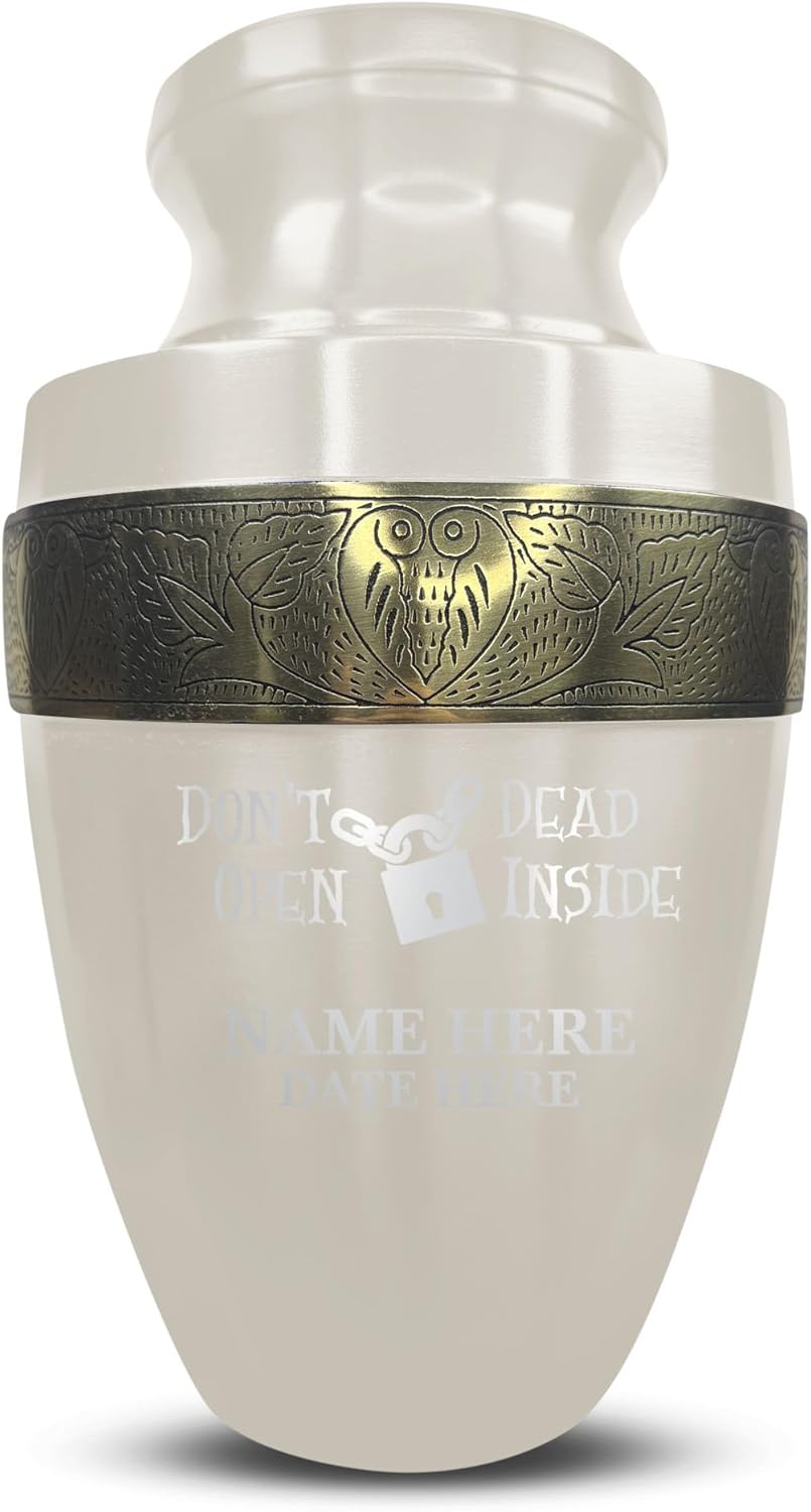 Personalized Adult Cremation Urn with Custom Engraving Elite Funny TV Movie Series 200 Lbs Capacity White with Gold Rim