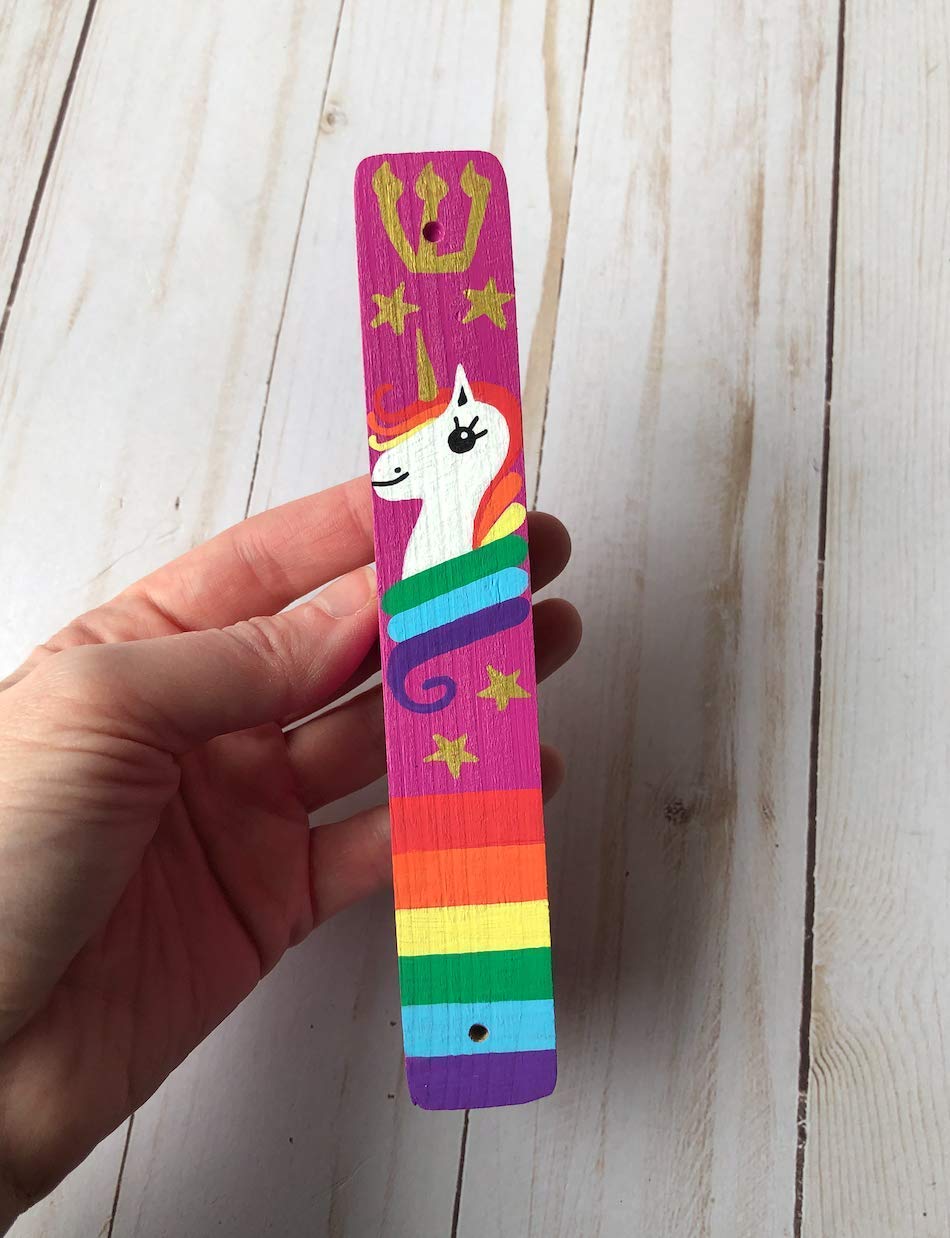 Lea Joelle Unicorn Mezuzah with Rainbow and Stars - Handmade Scroll Case Dark Pink