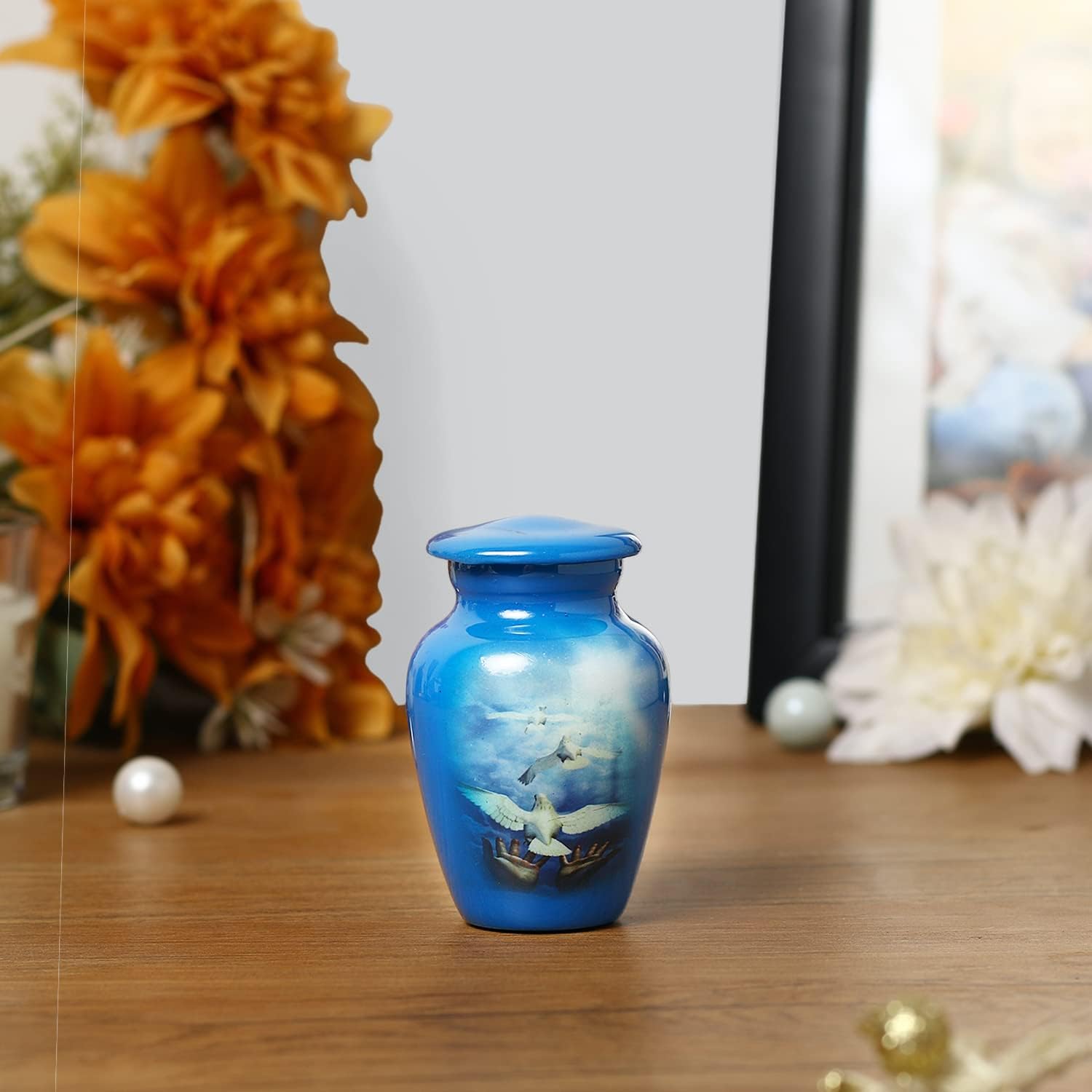 Serenity Dove Painted Mini Cremation Urn - Solid Aluminum