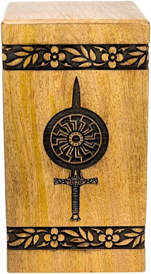 Handcrafted Wooden Cremation Urn with Warrior Engraved Design