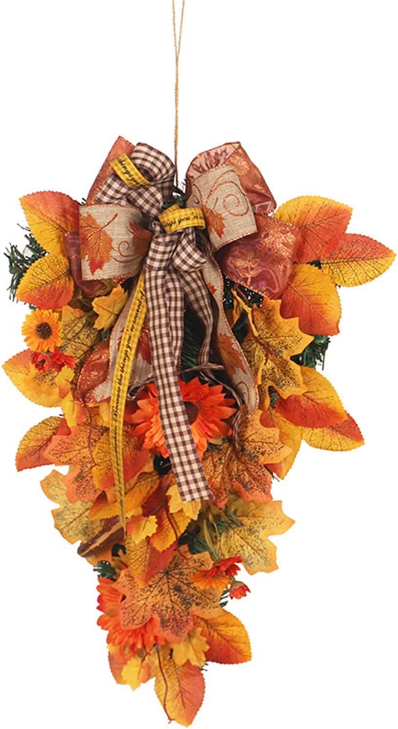 Artificial Fall Teardrop Wreath with Sunflowers and Bows
