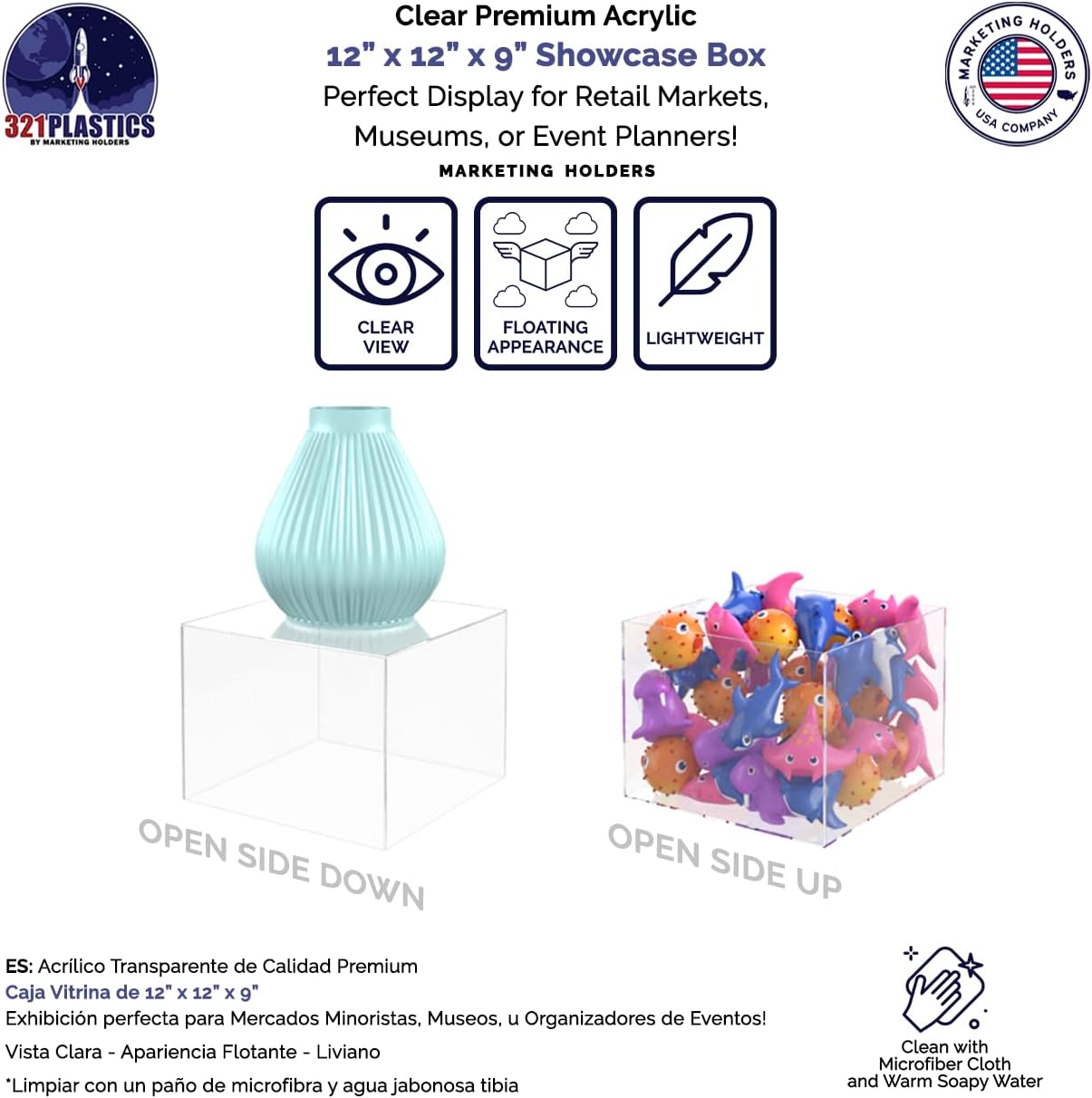 12 x 12 x 9 Clear Acrylic Riser Display Box No Lid