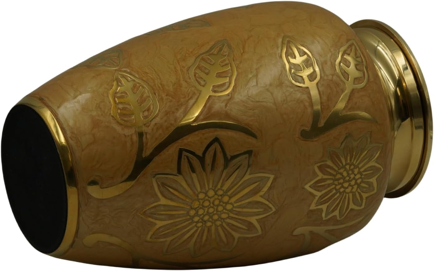 Eternity Cream and Gold Brass Vase Urn with Engraved Gold Leaf Sprigs