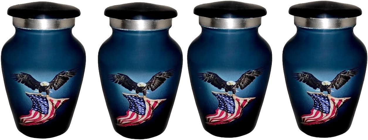 Classic Small Mini Cremation Urns Set of 4 with Box and Velvet Box US Flag Design