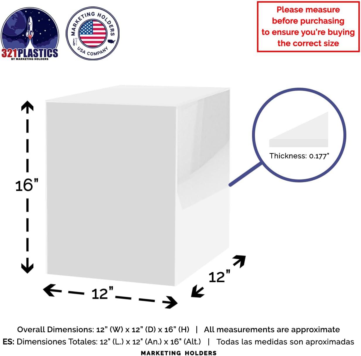 12x12x16 White Acrylic Display Box with Open Side No Lid