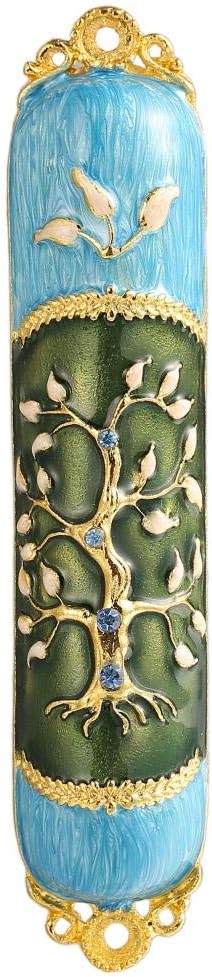 Hand Painted Enamel Mezuzah with Tree of Life Design and Gold Accents