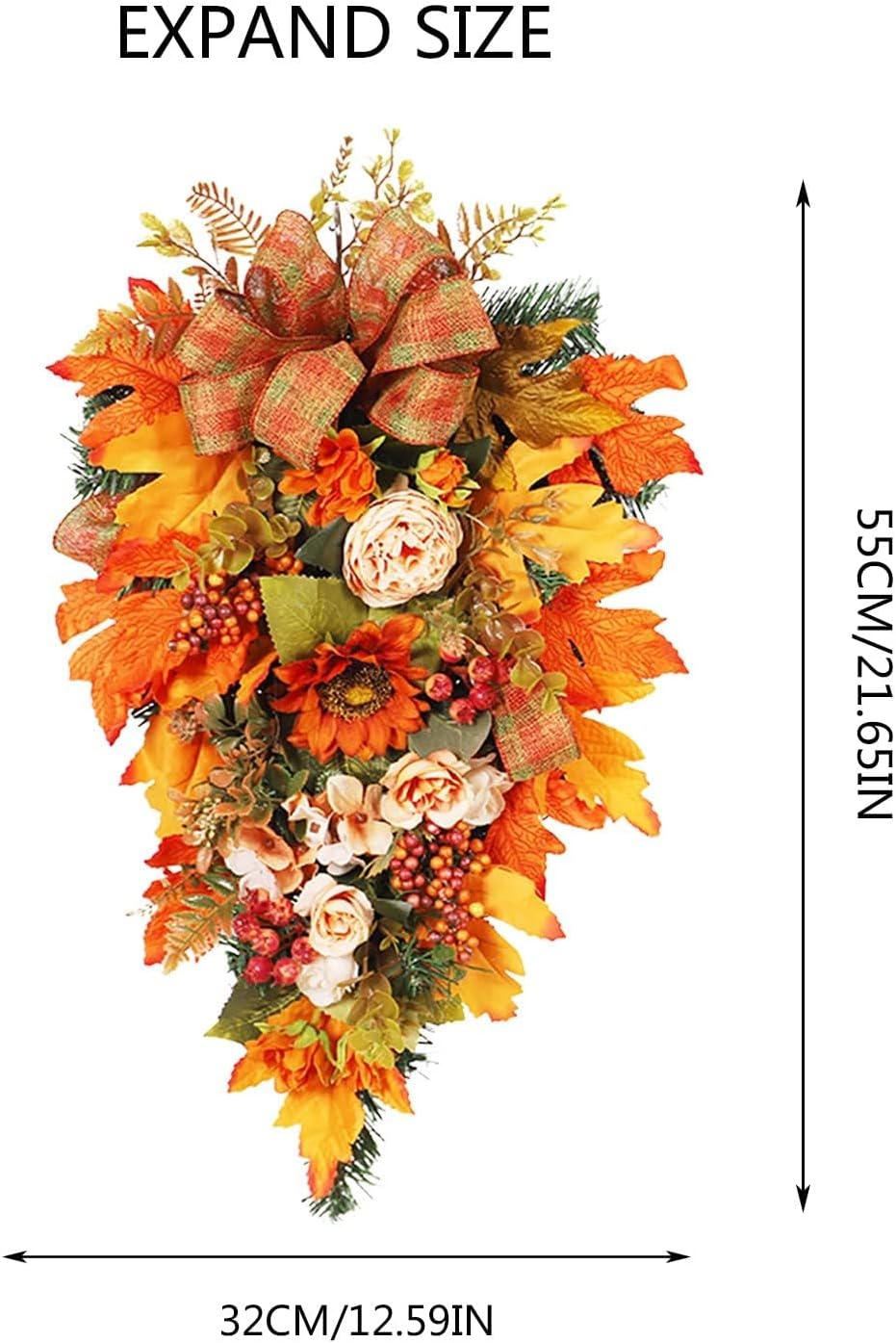 Artificial Fall Teardrop Swag Wreath for Front Door