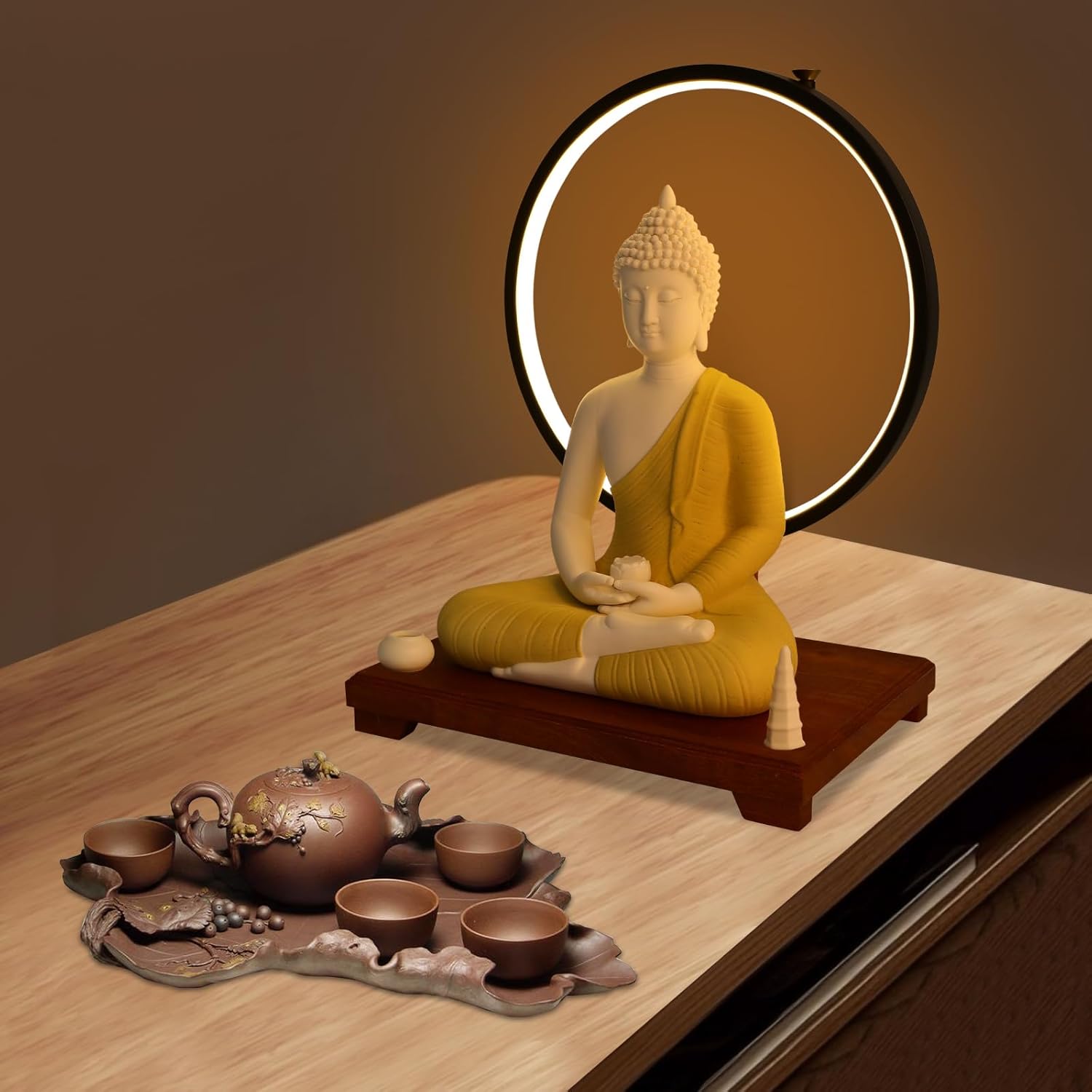 Shakyamuni Buddha Statue with LED Halo and Wooden Base