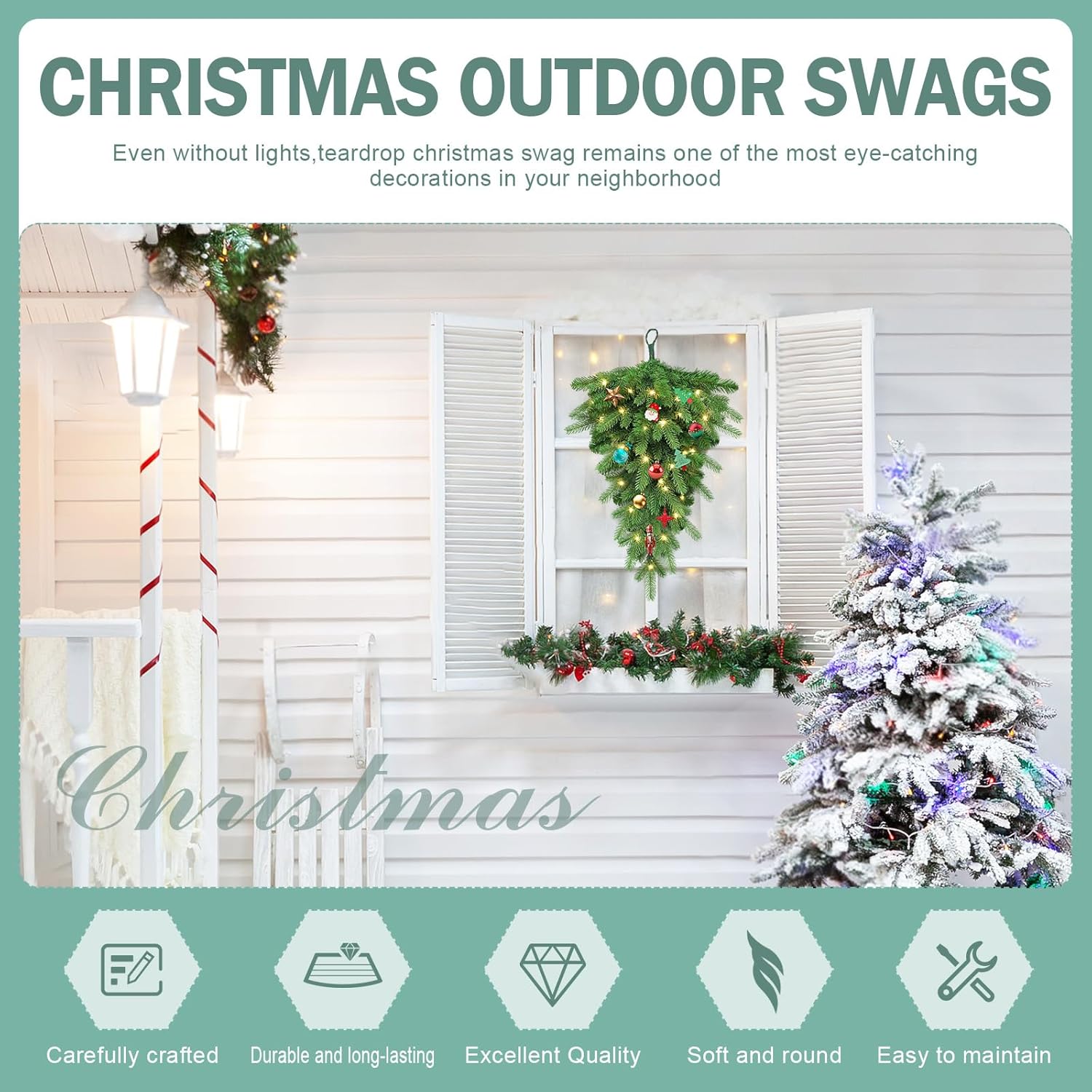 Pre Lit Artificial Christmas Teardrop Swag with 30 LED - 24 in Pine Greenery Staircase Decor