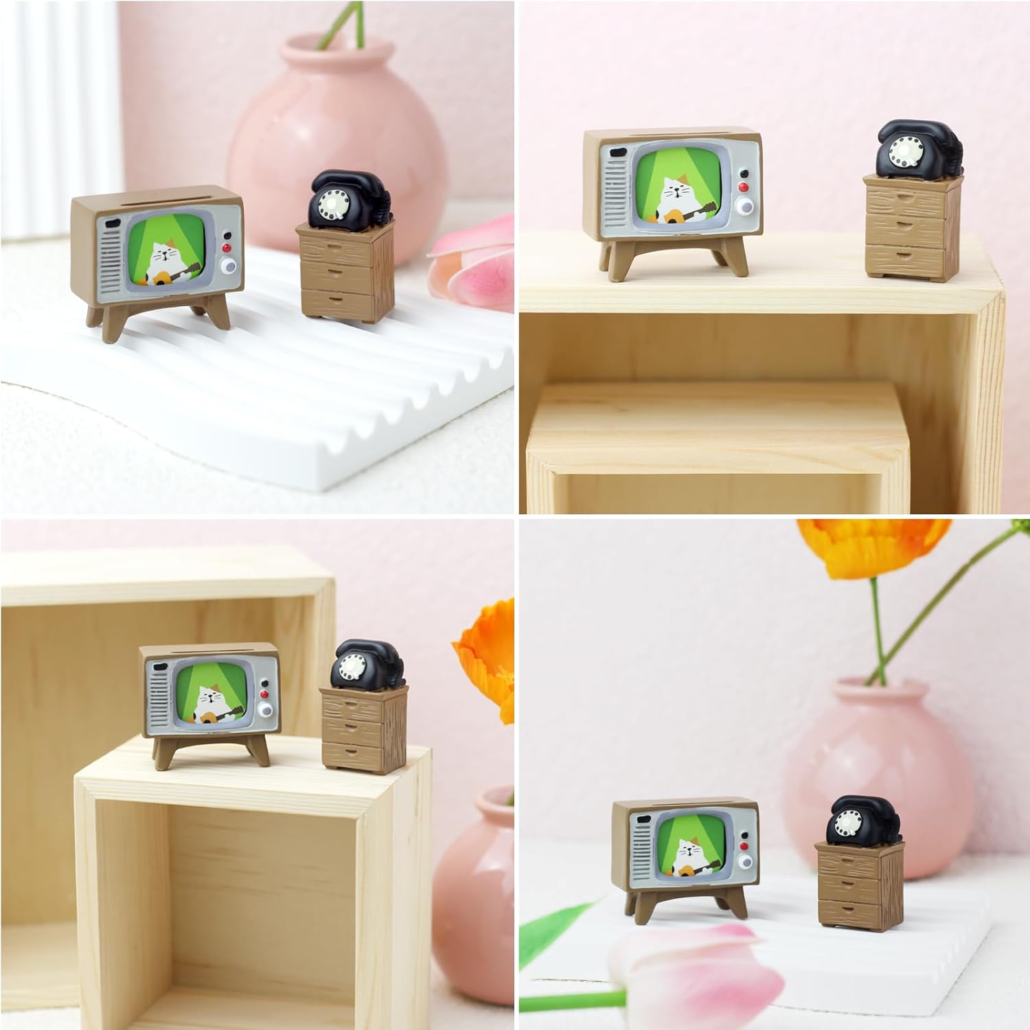 RAQWI Cute Mini TV and Telephone Cabinet Figurine for Cat Lovers