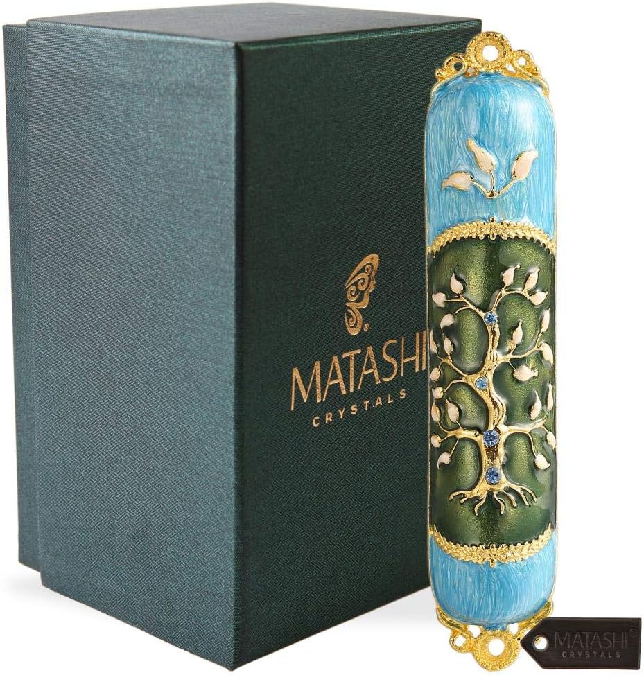 Hand Painted Enamel Mezuzah with Tree of Life Design and Gold Accents