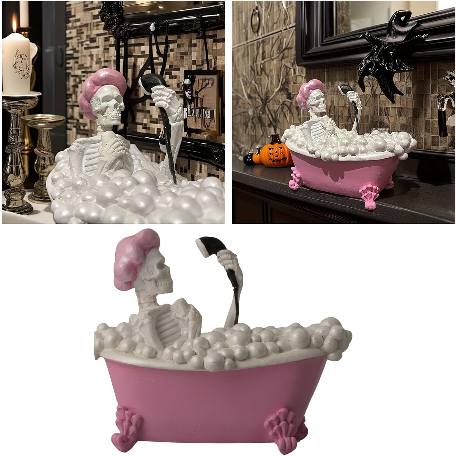 Spooky Skeleton in Pink Bathhtub Decor Figurine