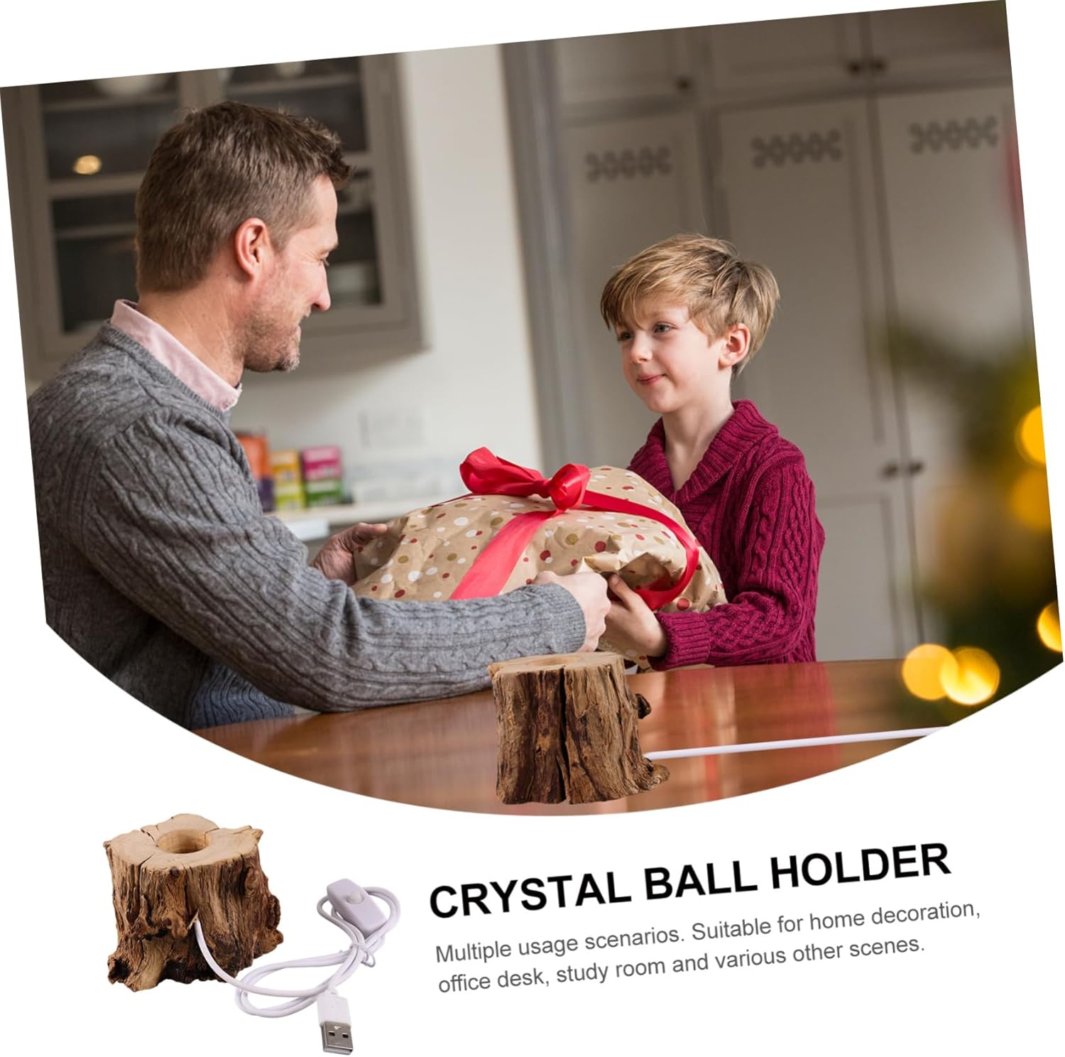 Wooden Stump Crystal Ball Stand with USB Charging LED Night Light Holder for Displaying Art Objects and Decor