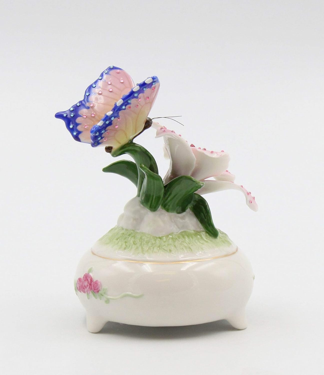 Fine Porcelain Butterfly with Stargazer Lily Musical Box Figurine 5 H