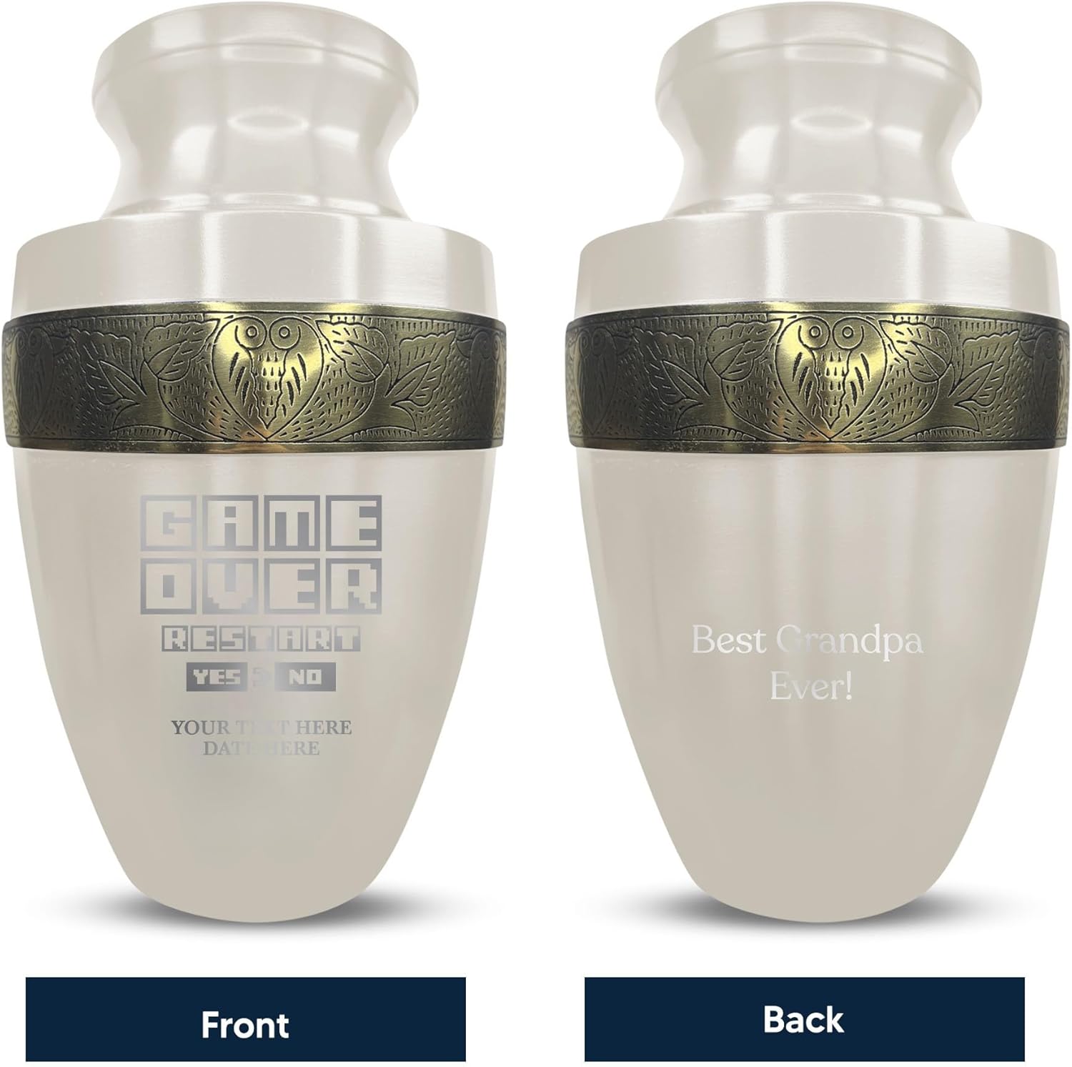 Personalized Gaming Urn with Custom Name and Date 200 Lbs Capacity Gold Rim Design White Color Game Over 3