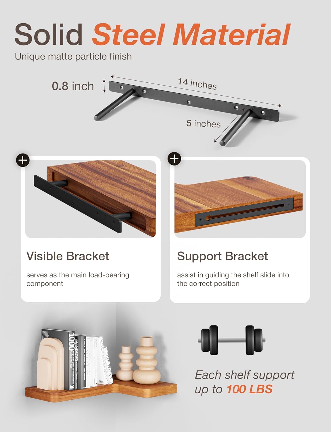 BATODA Acacia Wood Corner Floating Shelves Set of 2