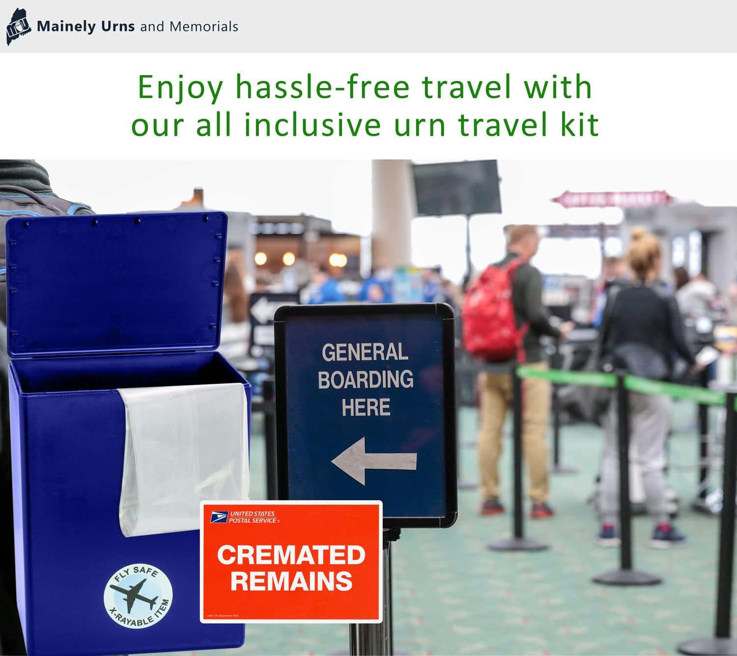 Seashore Themed TSA Approved Travel Cremation Urn Kit - Blue Plastic Urn with Seascape Mailing Box