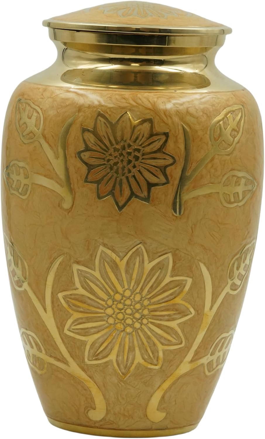 Eternity Cream and Gold Brass Vase Urn with Engraved Gold Leaf Sprigs