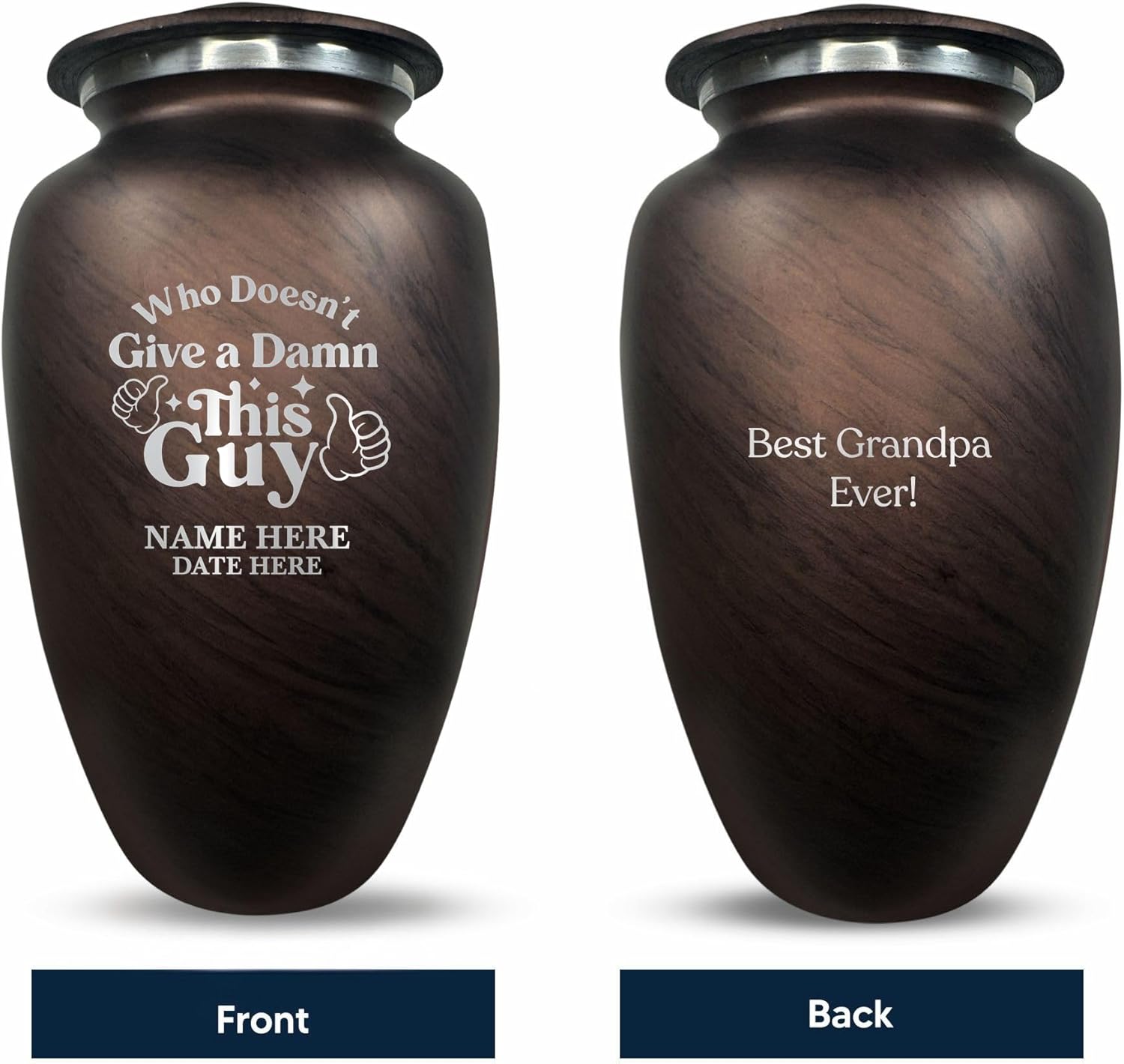 Custom Large Adult Cremation Urn with Name and Funny Design - 200 Cubic Inch Brown