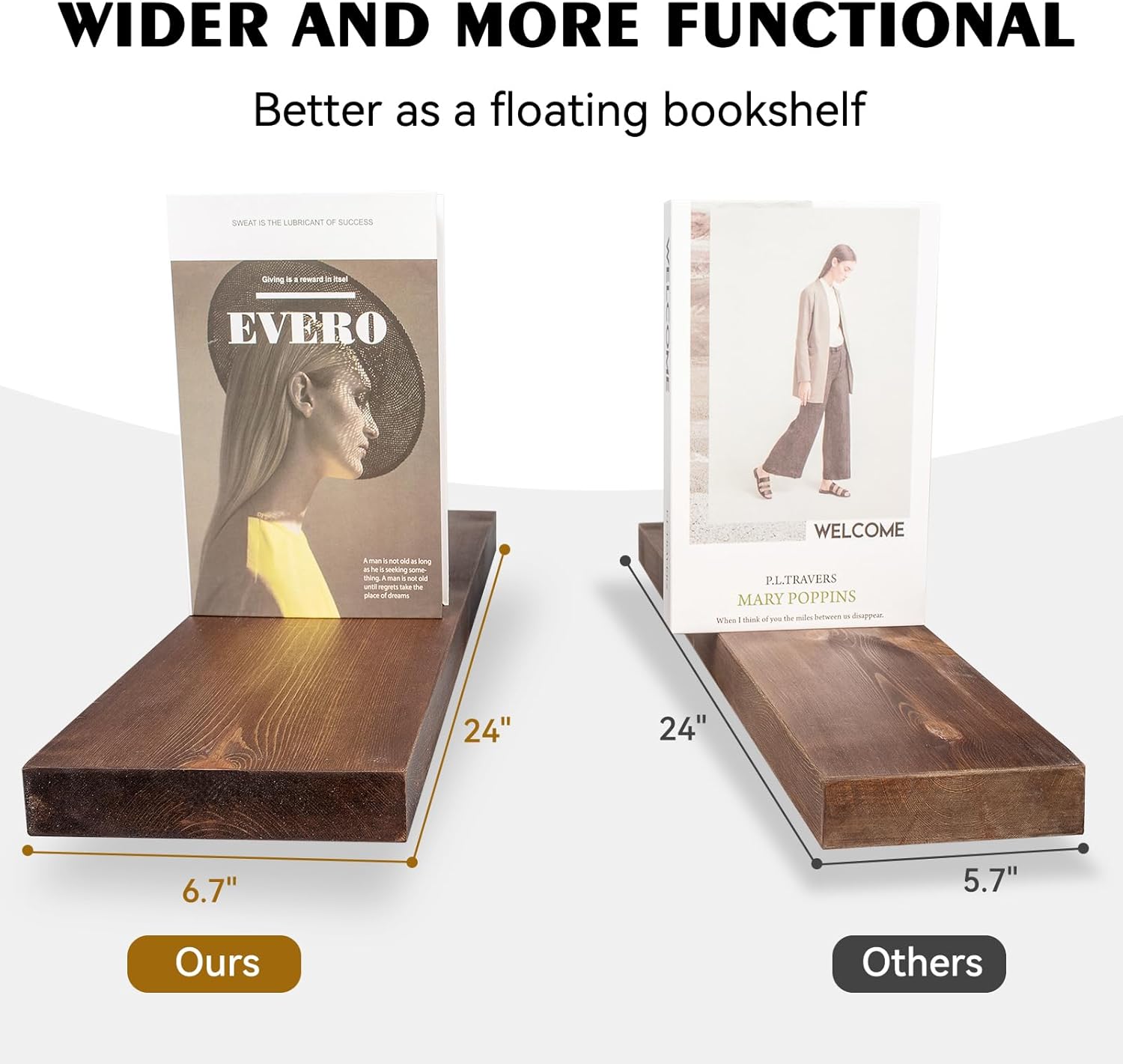 BGMG 24 Inch Floating Shelf Set of 2 Walnut Rustic Wall Shelves for Home Use