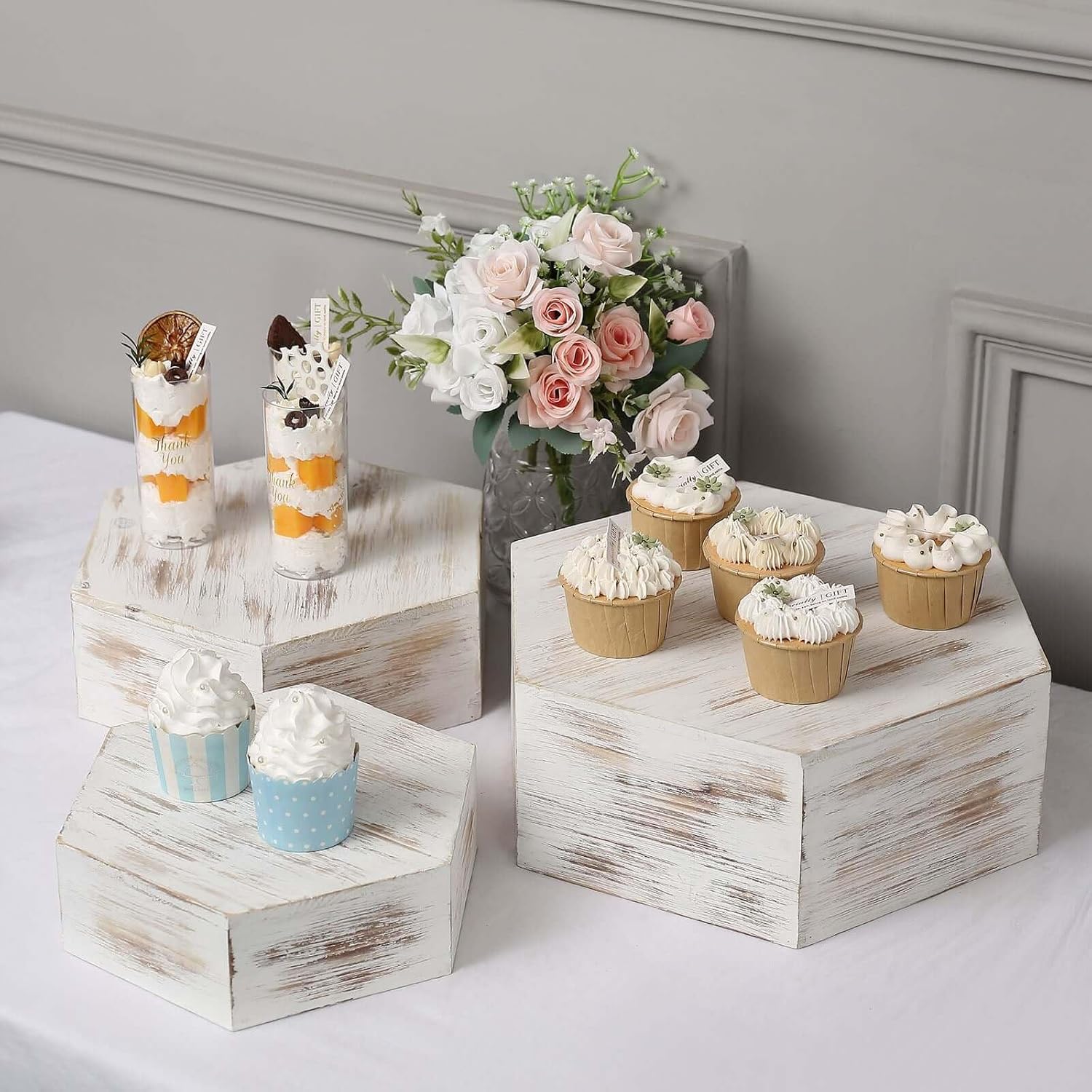Tableclothsfactory Set of 3 Whitewashed Hexagonal Wooden Dessert Holder Display Boxes Stackable Riser Cake Stand