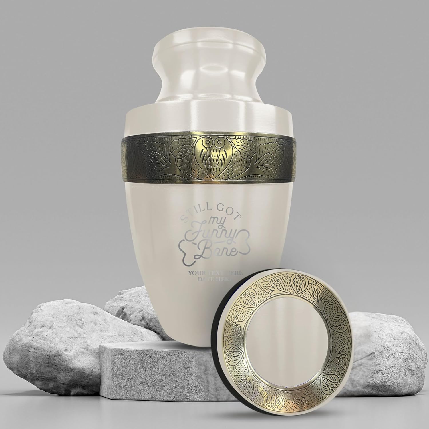 Custom Adult Cremation Urn with Humor Engraving and Gold Rim 200 Lbs Funny Bones 1 White
