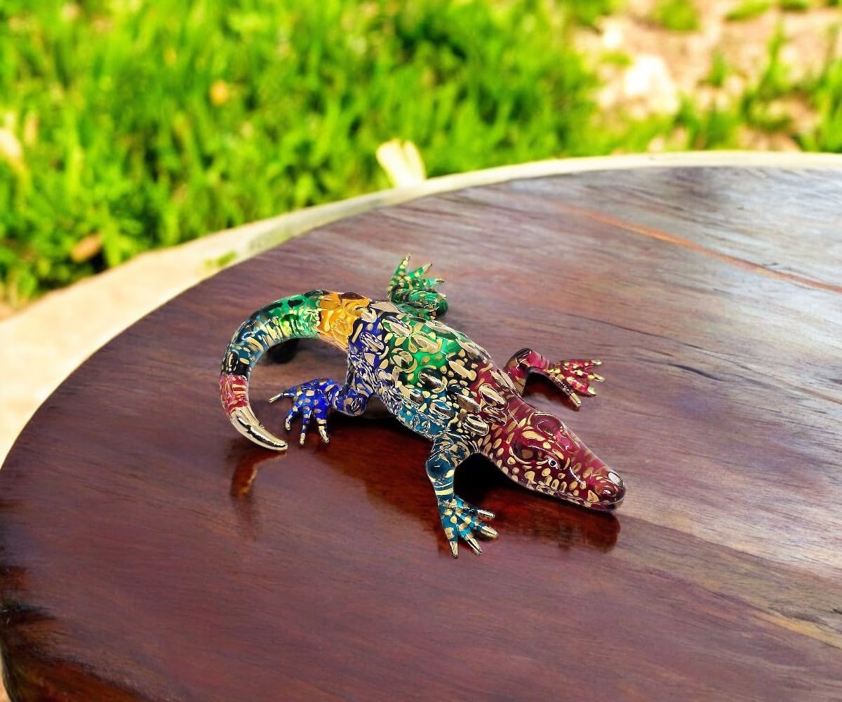 WitnyStore Rainbow Gold Crocodile Figurine - Miniature Hand Blown Glass Decor Collectible