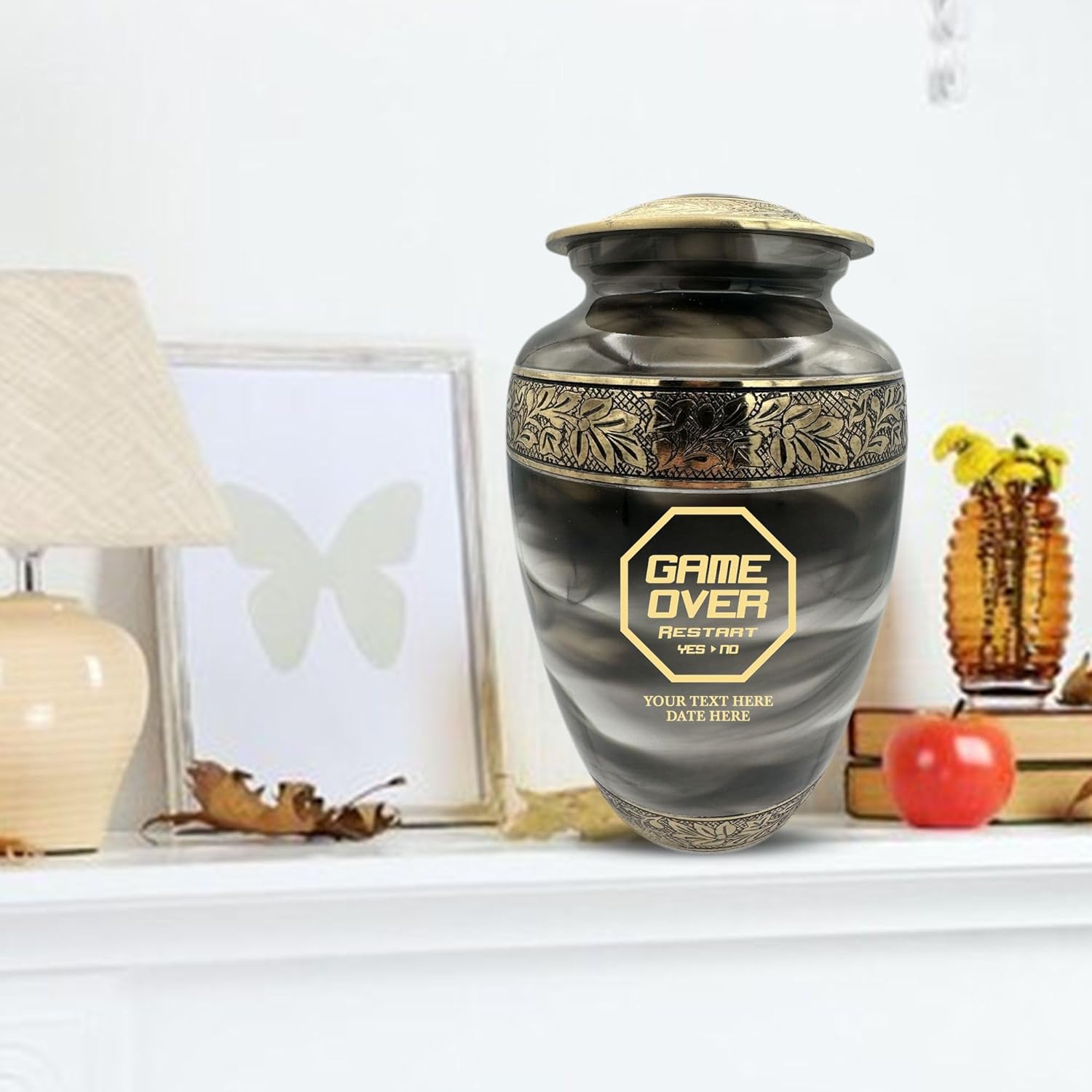Custom Cremation Urn for Gamers Gold Engraved Design Suzesta Series