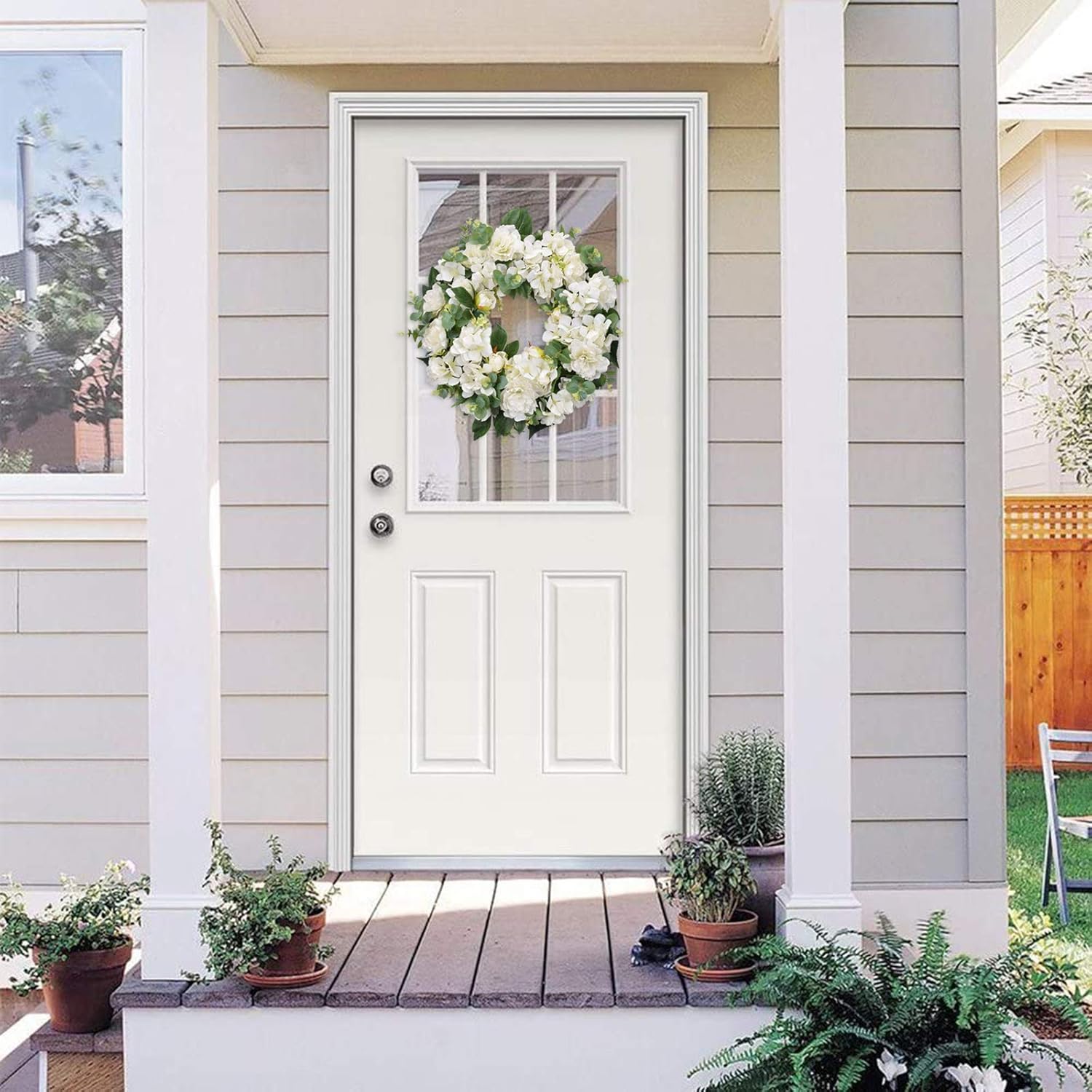 I-GURU Spring Wreath for Front Door Greenery Summer Door Wreaths with White Peony Flowers and Eucalyptus Decor
