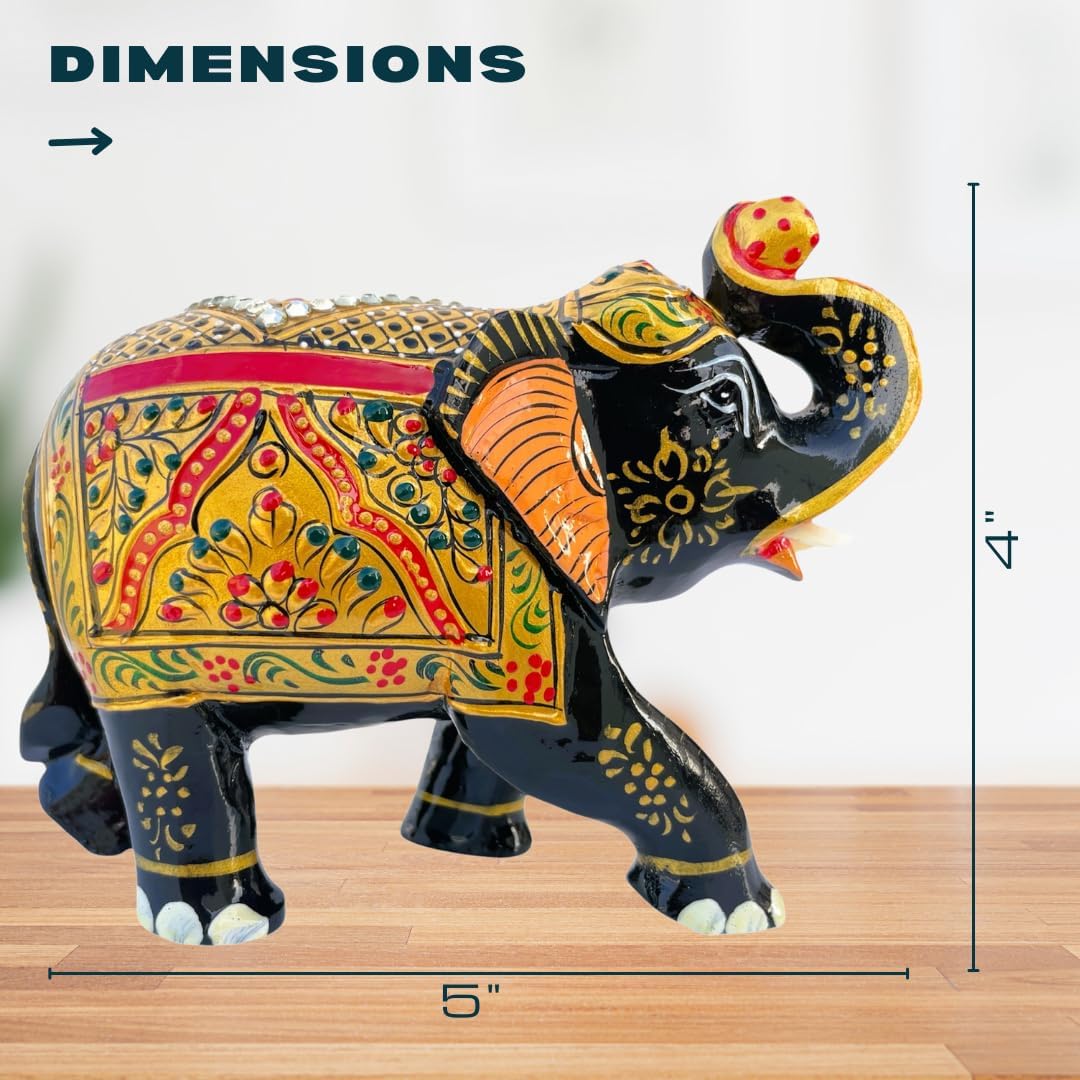 Handcrafted Wooden Elephant Statue with Gold and Gemstone Accents
