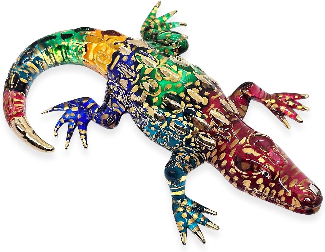 WitnyStore Rainbow Gold Crocodile Figurine - Miniature Hand Blown Glass Decor Collectible