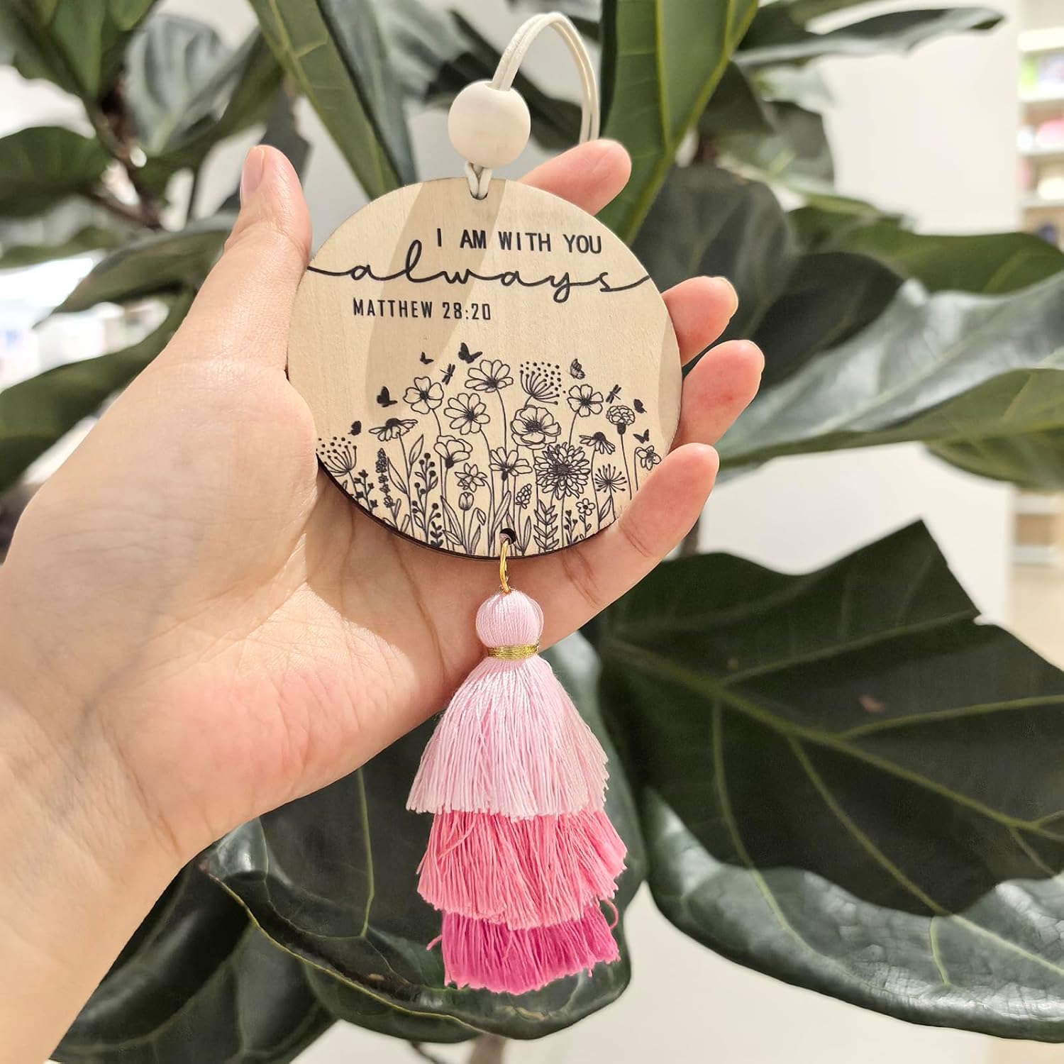 Christian Car Charm with Tassel - Pink