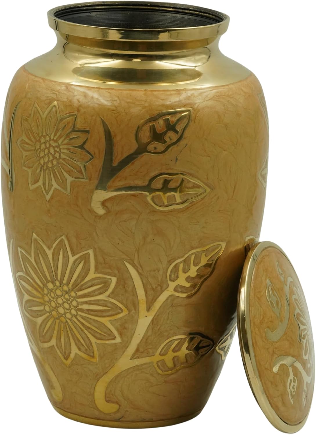 Eternity Cream and Gold Brass Vase Urn with Engraved Gold Leaf Sprigs