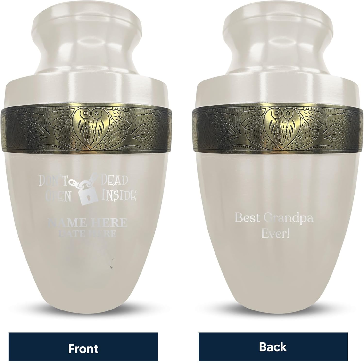 Personalized Adult Cremation Urn with Custom Engraving Elite Funny TV Movie Series 200 Lbs Capacity White with Gold Rim