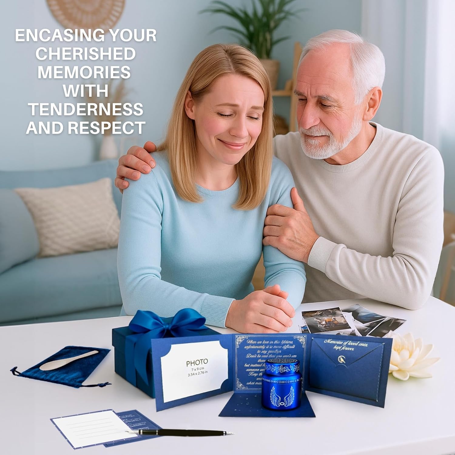 Blue Urn Mini Memorial Gift Set with Memory Frame and Sympathy Card