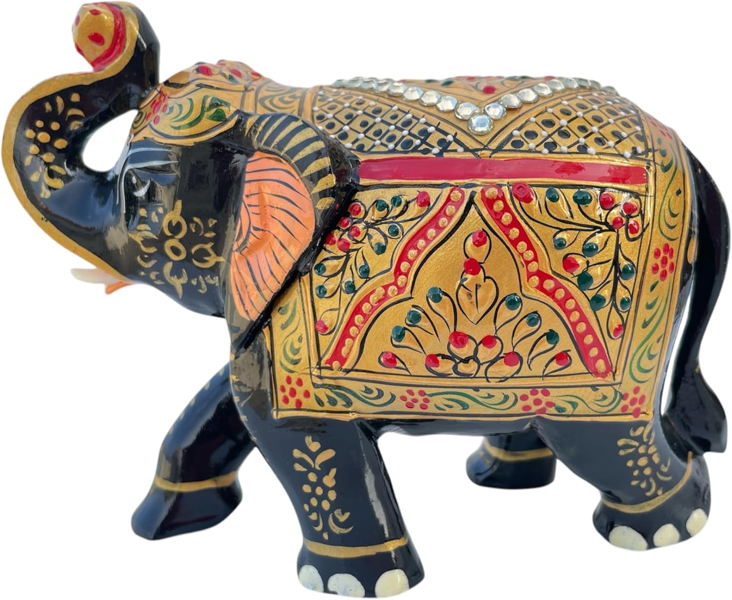 Handcrafted Wooden Elephant Statue with Gold and Gemstone Accents