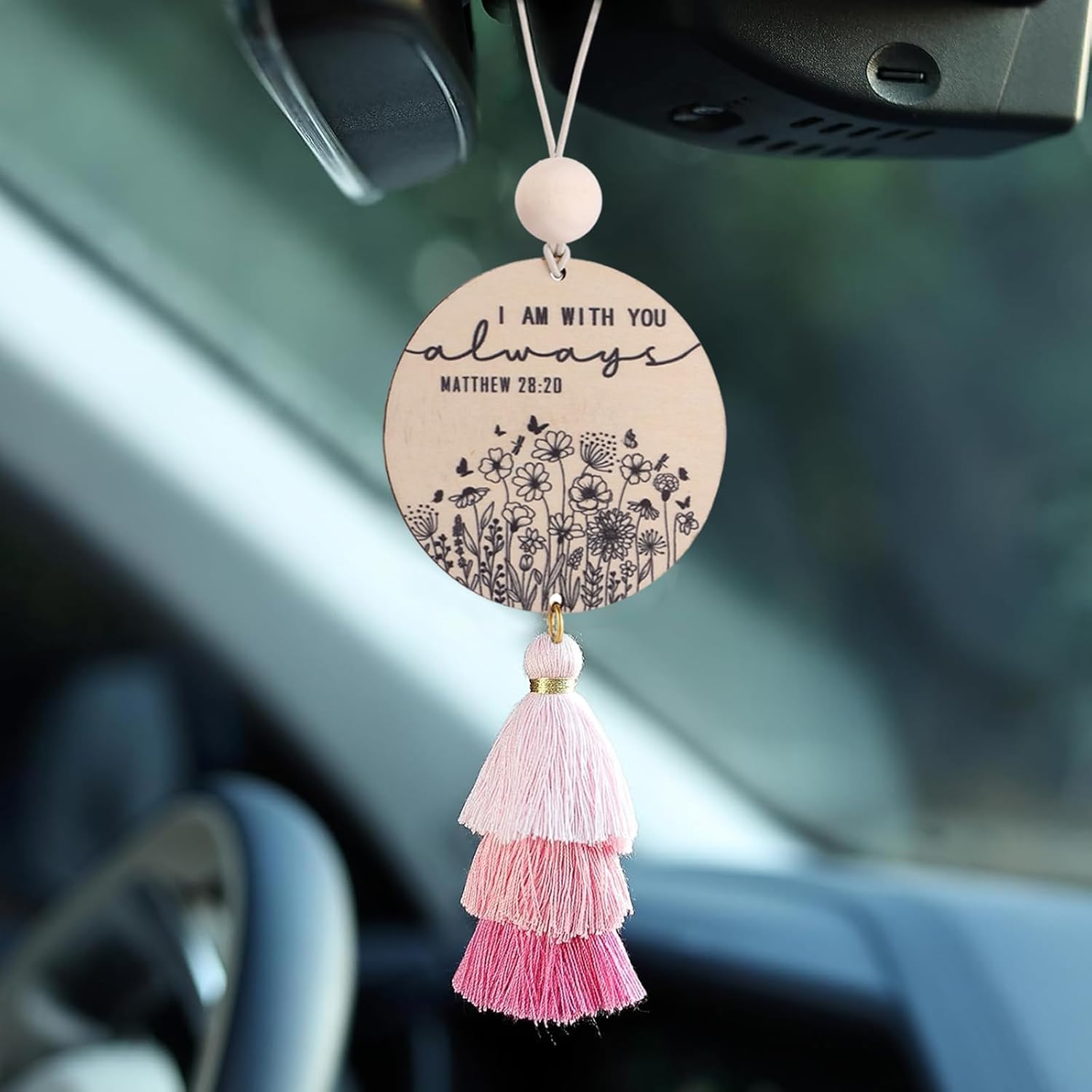 Christian Car Charm with Tassel - Pink